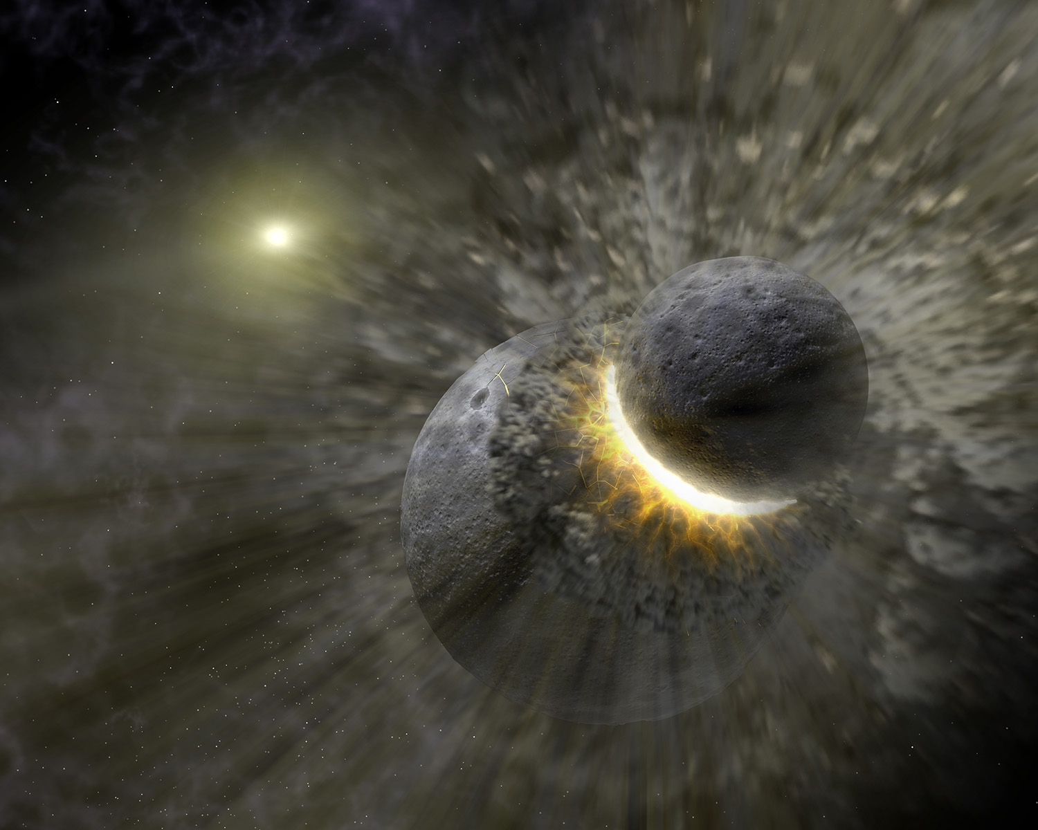 Ep. 333: When Worlds Collide This artist concept illustrates how a massive collision of objects, perhaps as large as the planet Pluto, smashed together to create the dust ring around the nearby star Vega. New observations from NASA's Spitzer Space Telescope indicate the collision too
